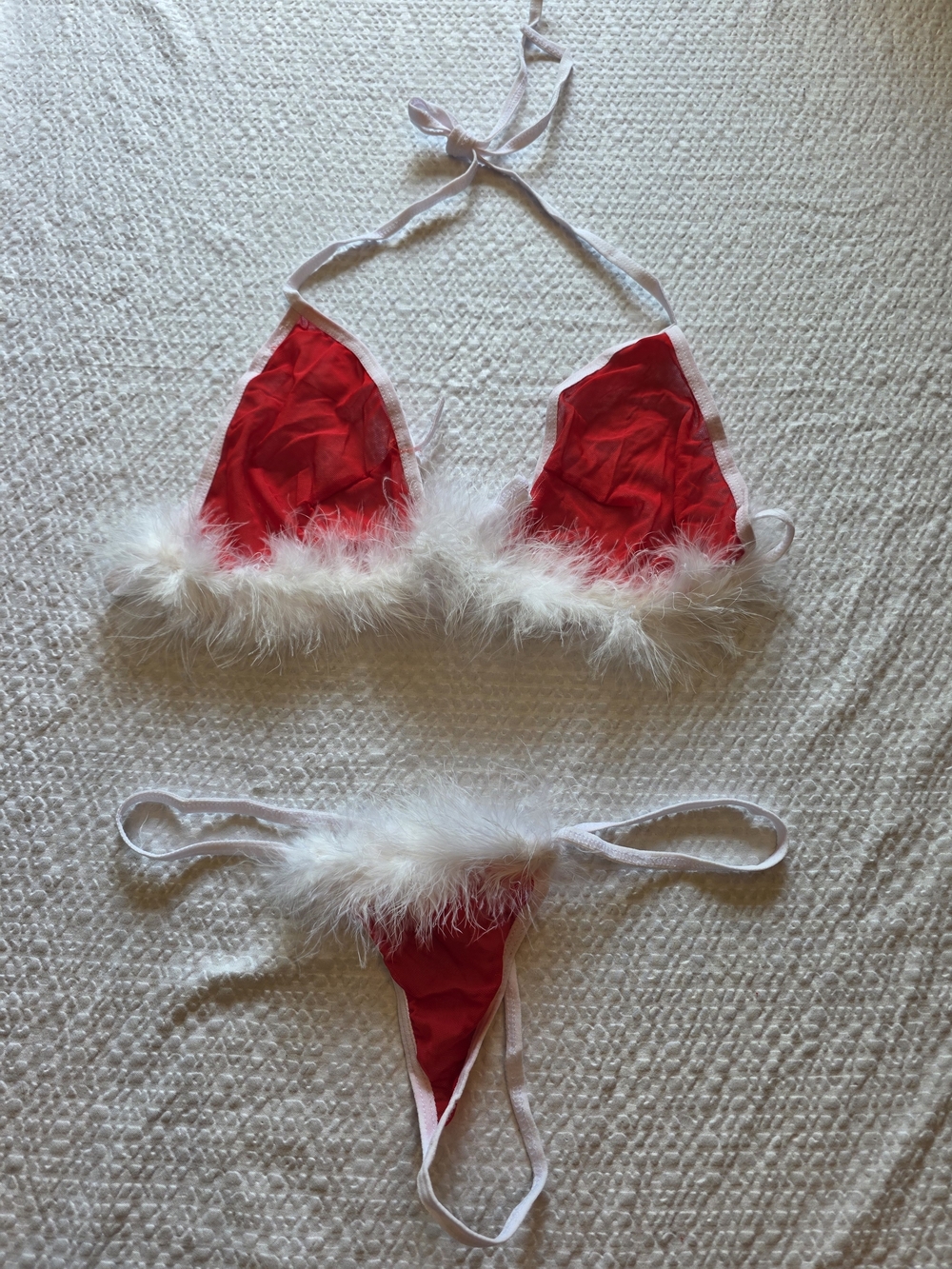 Red & White Feather-Trim Triangle Bikini Set L
